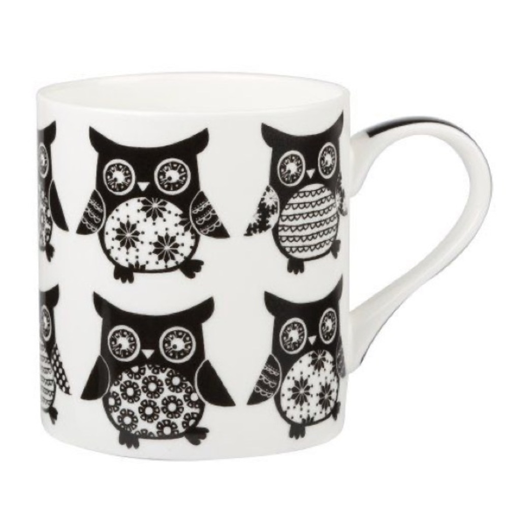 Queens Silhouette 12 oz. Owls Mug White and Black Whimsical Owls Monochrome
